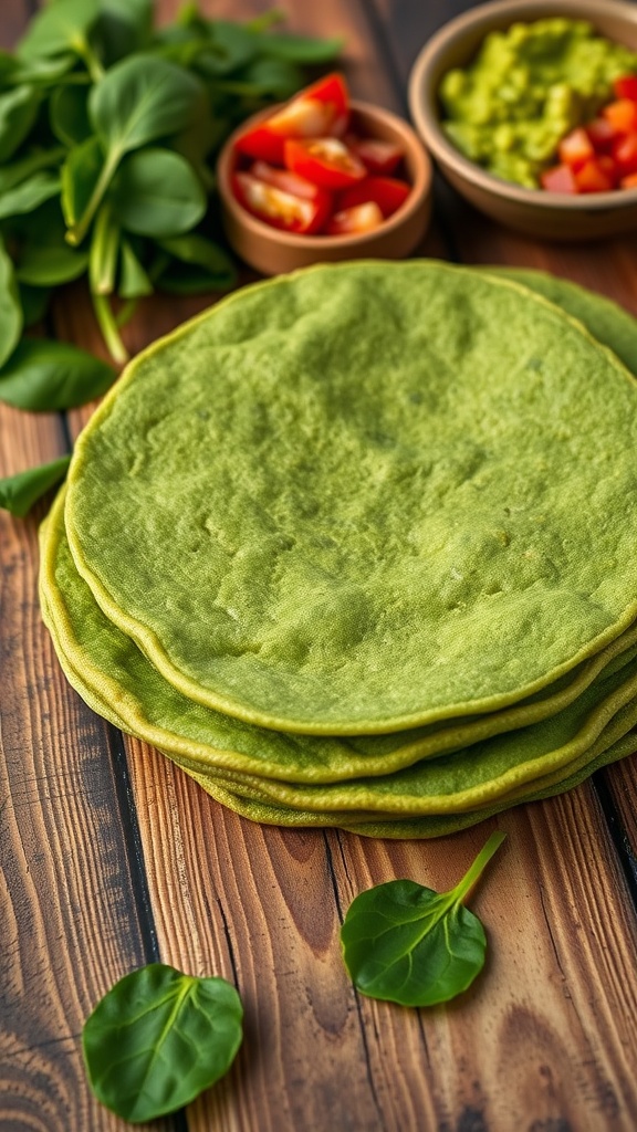 A stack of green spinach tortillas on a wooden table with fresh ingredients like spinach, guacamole, and tomatoes.
